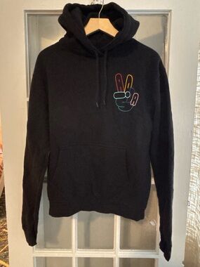 adidas Black Hoodie Sweater with Multicolor Peace Hand Graphic